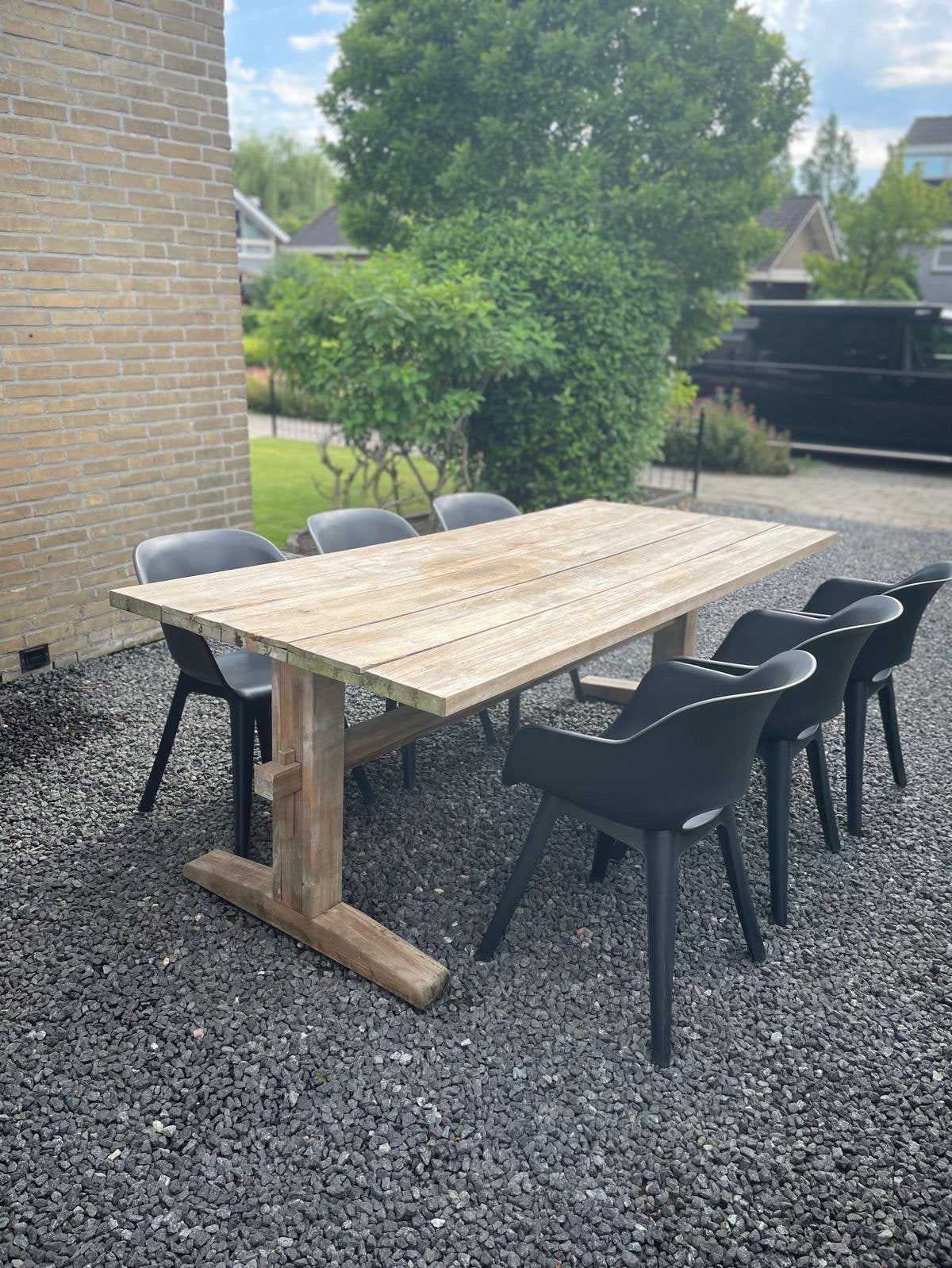 Tuintafel hardhout 220x100 incl stoelen., Ophalen, Zo goed als nieuw, Rechthoekig, Hout