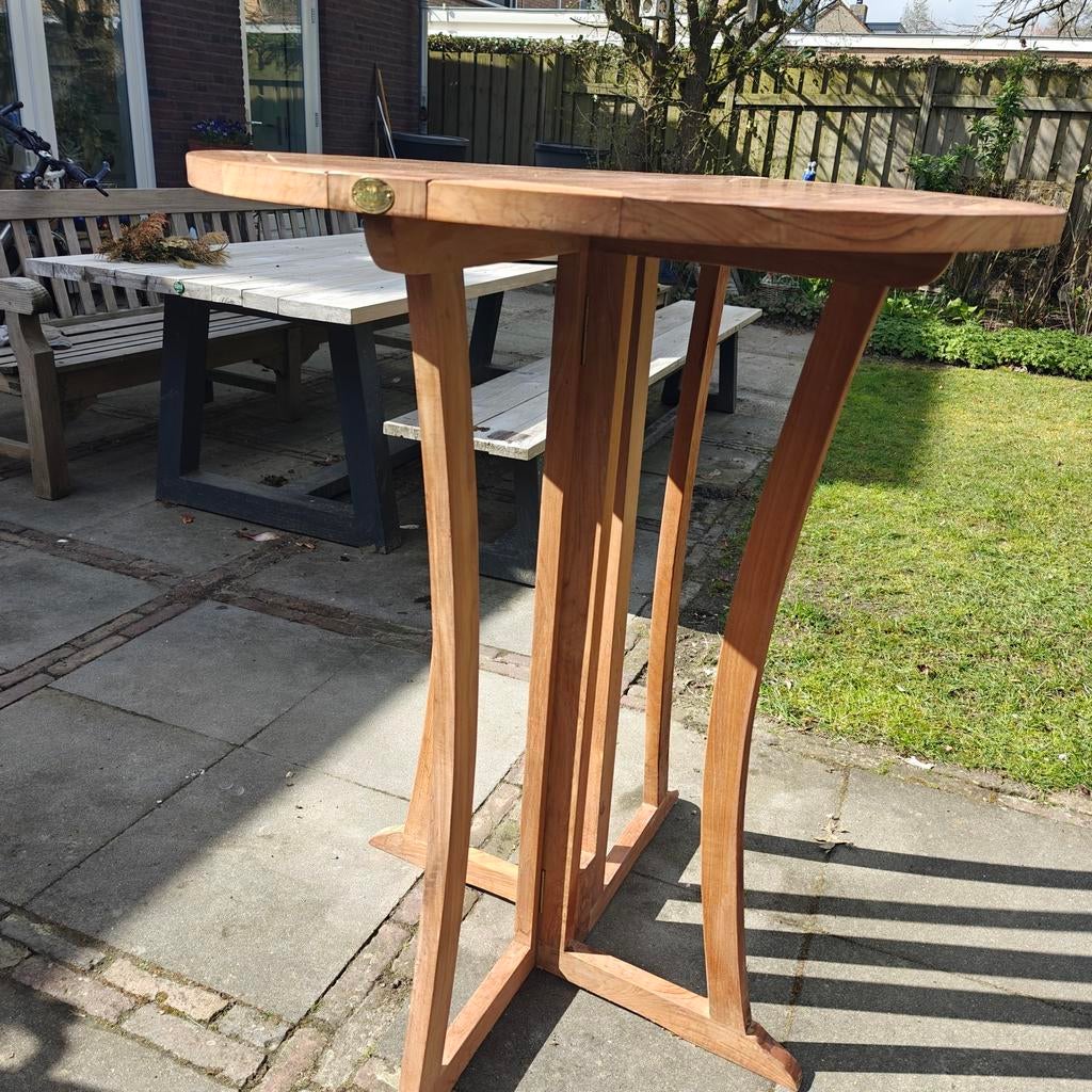 Inklapbare massieve teak BAR STATAFEL rond, Ophalen, Zo goed als nieuw, Rond, Teakhout