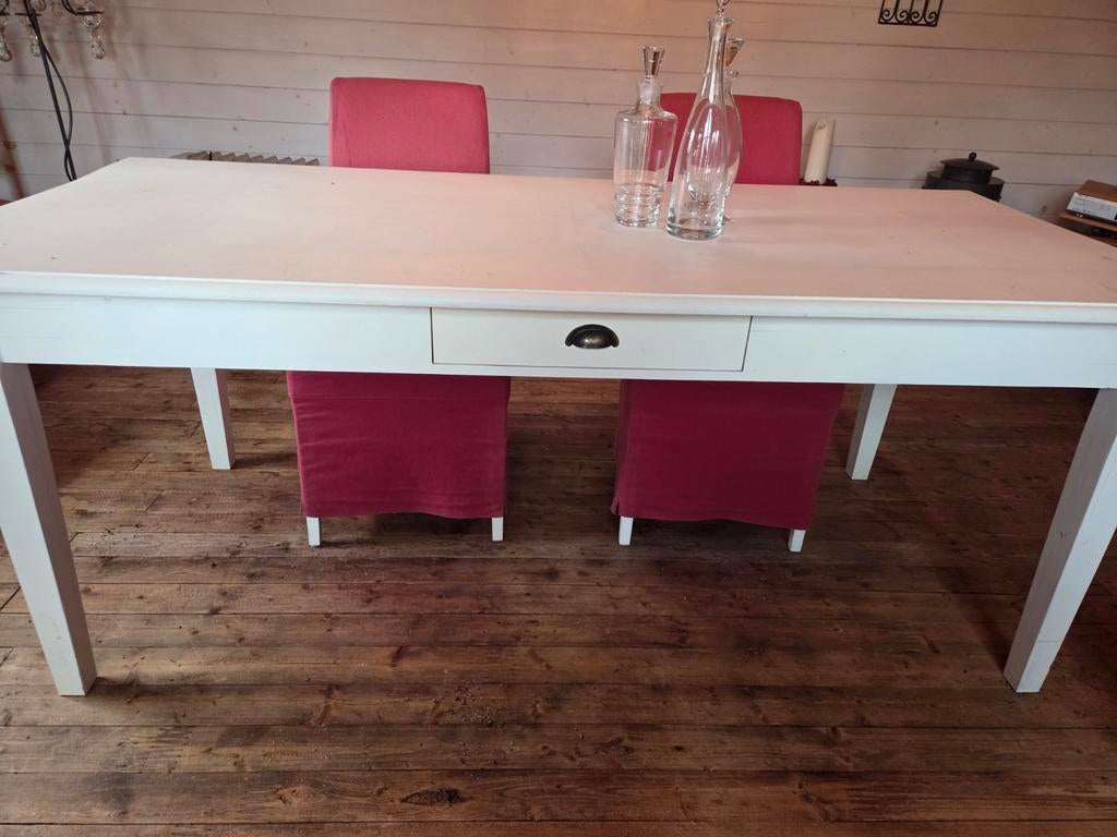 Eettafel met 6 stoelen - Wit met roze bekleding, Huis en Inrichting, Tafels | Eettafels, Gebruikt, 50 tot 100 cm, 150 tot 200 cm