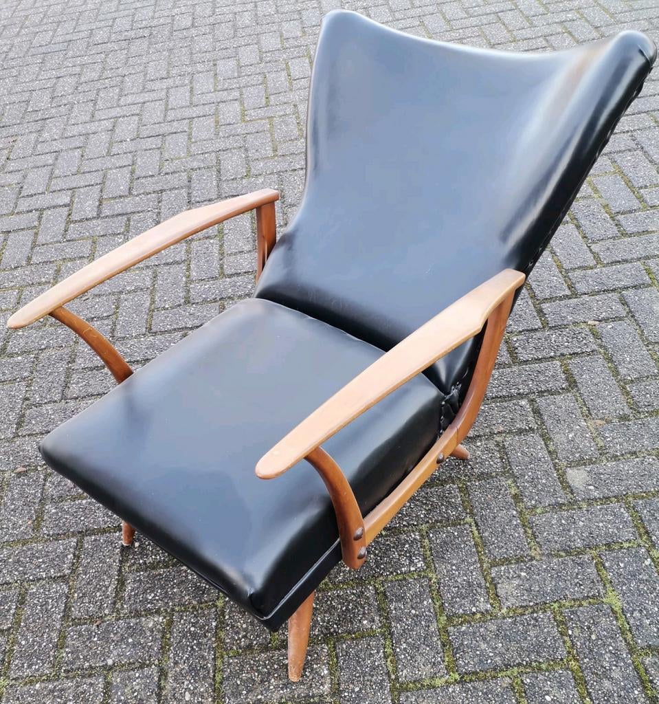 Vintage relaxfauteuil met zwart skai leer Scandinavisch desi, Ophalen, Gebruikt, Hout, Deens Scandinavisch, vintage, jaren 60 70