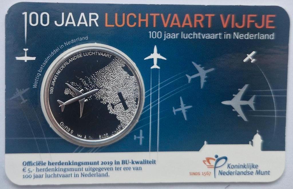 Luchtvaart Vijfje 2019 BU kwaliteit in coincard, Ophalen of Verzenden, Koningin Beatrix, Euro's, Losse munt