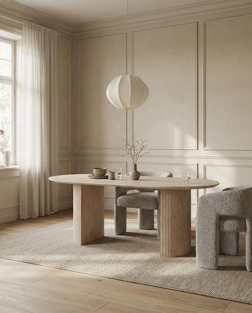 Japandi Eettafel Travertinlook, 100 tot 150 cm, Ophalen of Verzenden, Vijf personen of meer, Ovaal