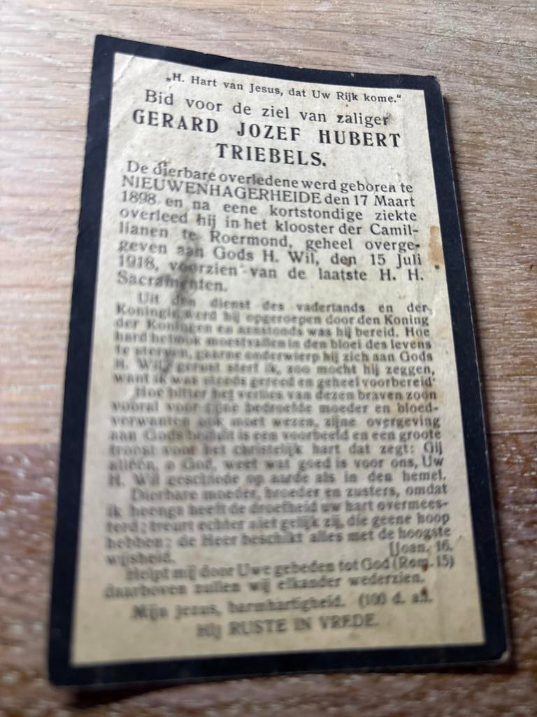 Triebels Gerard 1898 Nieuwenhagerheide 1918 Roermond, Ophalen of Verzenden, Bidprentje