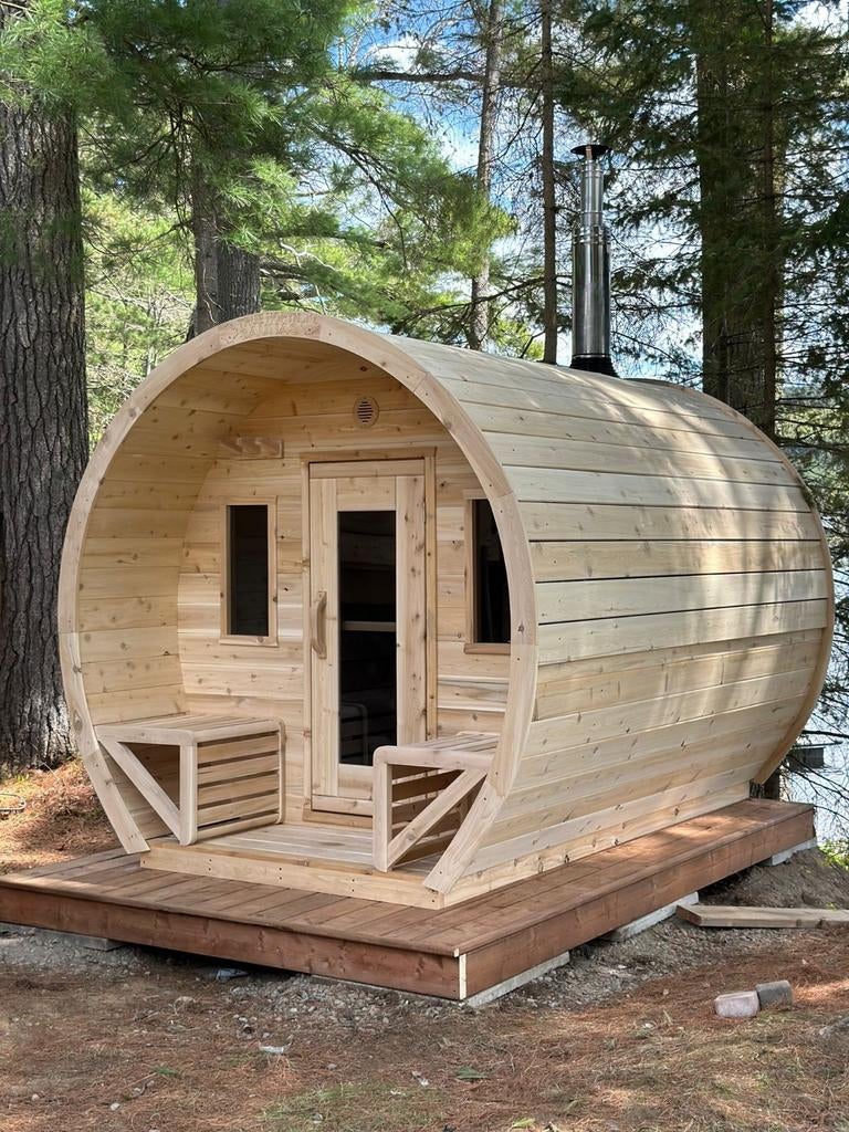 Red cedar "Schooner" buiten barrel sauna ook in thermowood, Sport en Fitness, Sauna, Ophalen, Fins of Traditioneel, Wellnessandgarden