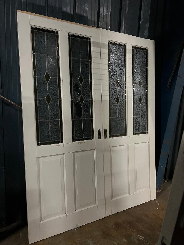 Set oude en-suite / schuifdeuren glas in lood 231.5 x 184, Ophalen, 215 cm of meer, Binnendeur, Schuifdeur