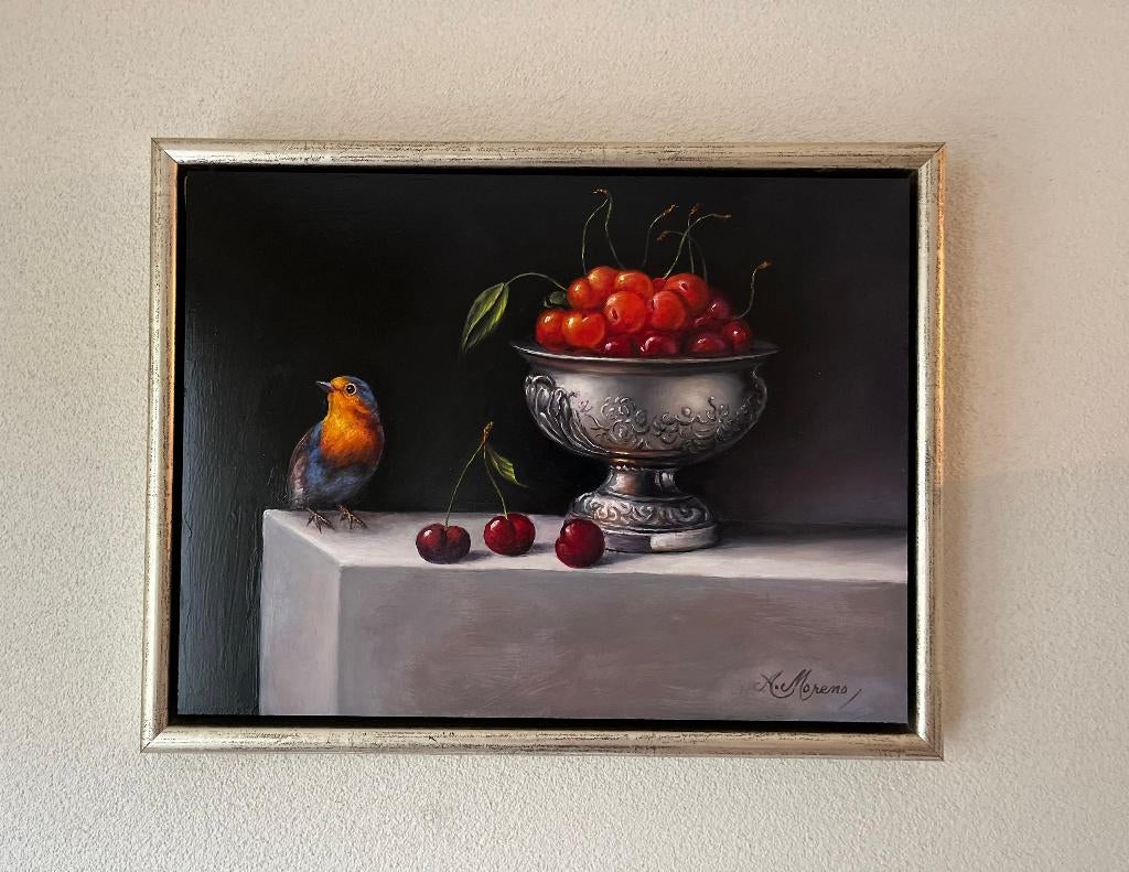 Schilderij Alfonso Moreno roodborstje en kersen op paneel., Antiek en Kunst, Ophalen of Verzenden