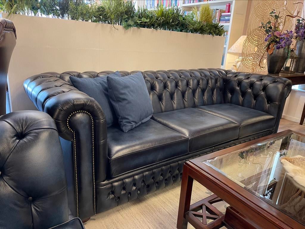 NIEUW Birmingham chesterfield 4 Zits bank leer Jeans Blauw, Huis en Inrichting, Ophalen of Verzenden, Nieuw, 75 tot 100 cm, Leer
