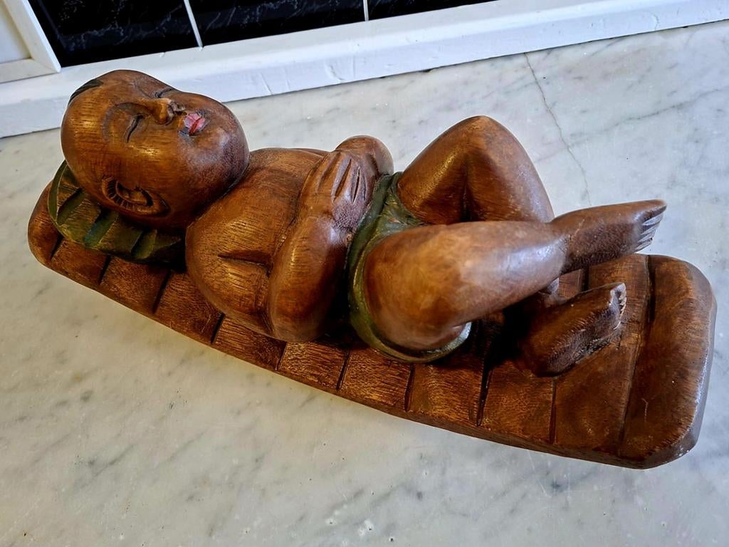 Oud Beeld van Slapend Kind - Teak hout, Antiek en Kunst, Kunst | Beelden en Houtsnijwerken, Ophalen of Verzenden