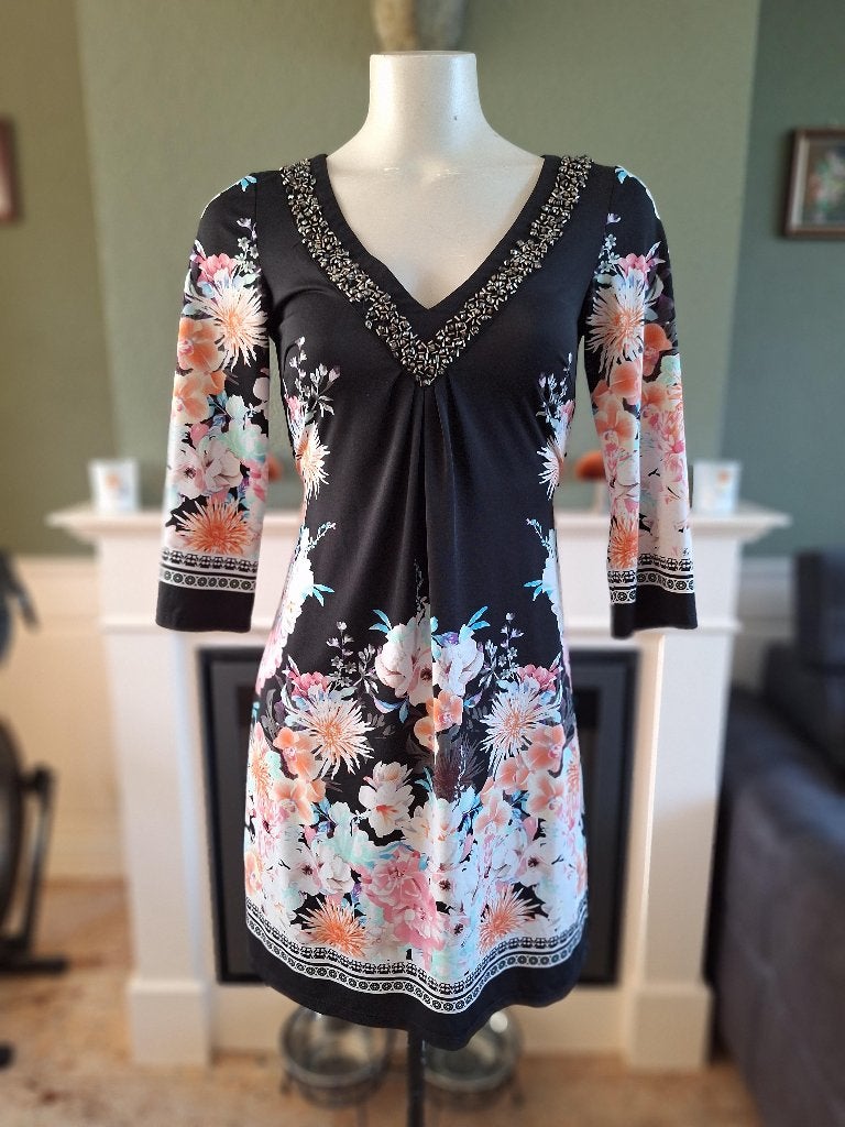 K-Design K Design zwart met bloemen jurk S, K-design, Verzenden, Zwart, Knielengte