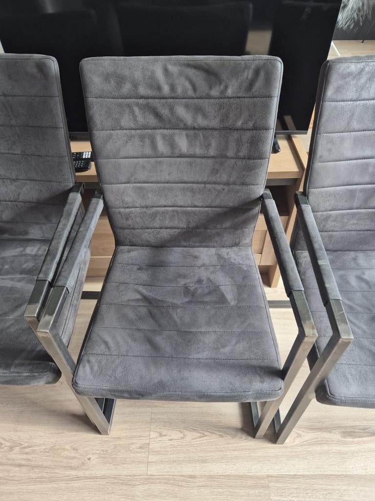 4x Eetkamerstoelen – Grijs, Fluweel, Metaal, Huis en Inrichting, Stoelen, Ophalen, Gebruikt, Industrial