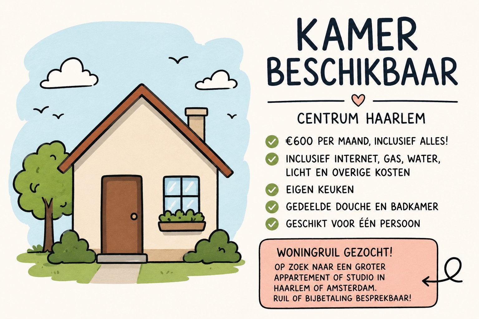 Kamer beschikbaar/woningruil gezocht, Huizen en Kamers, Haarlem