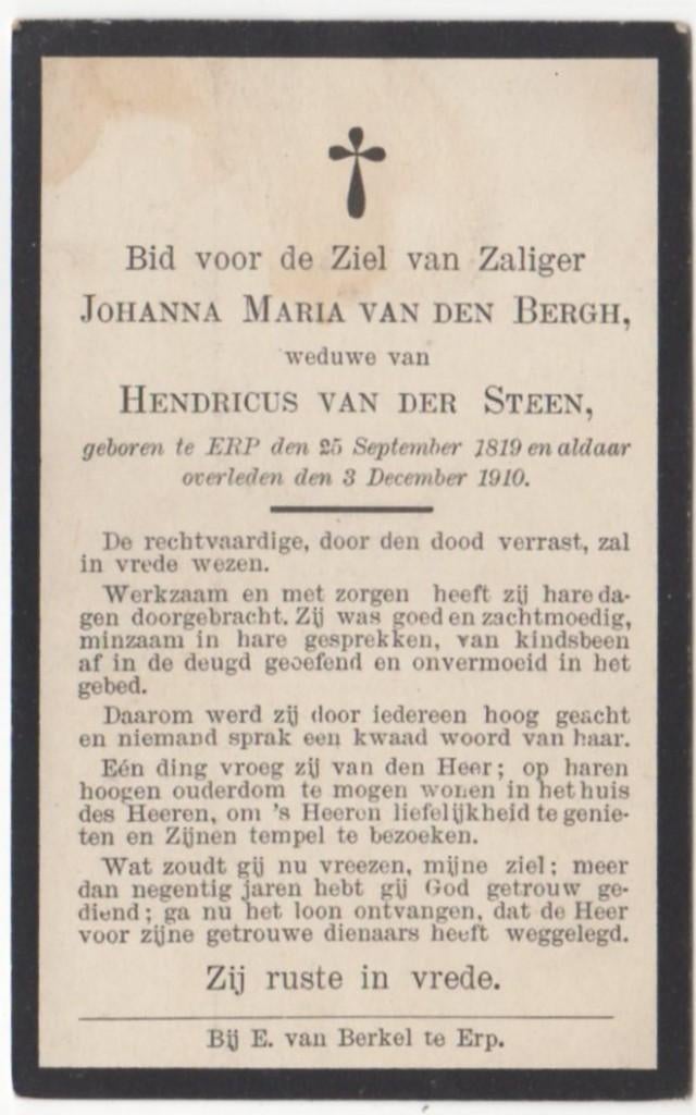 Johanna M. van den Bergh 1819 Erp + 1910 Erp, 91 jaar oud, Verzamelen, Verzenden