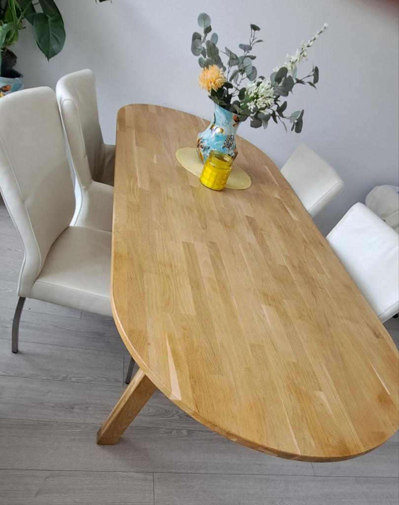 Eiken eettafel (220cm) evtmet stoelen, 100 tot 150 cm, 200 cm of meer, Ophalen of Verzenden, Zo goed als nieuw