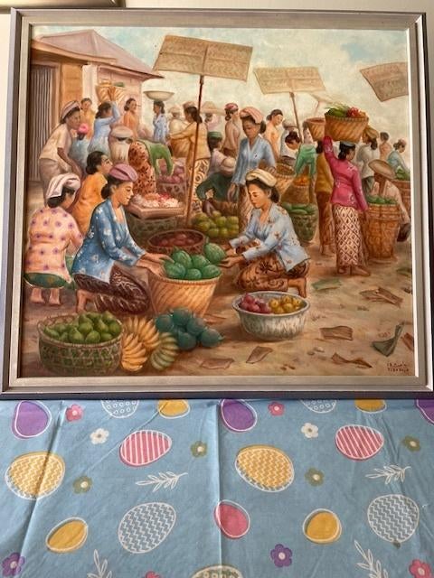 Schilderij BALI  markt gesigneerd op linnen., Antiek en Kunst, Kunst | Schilderijen | Klassiek, Ophalen, Ingelijst, Stads- / dorpsgezicht