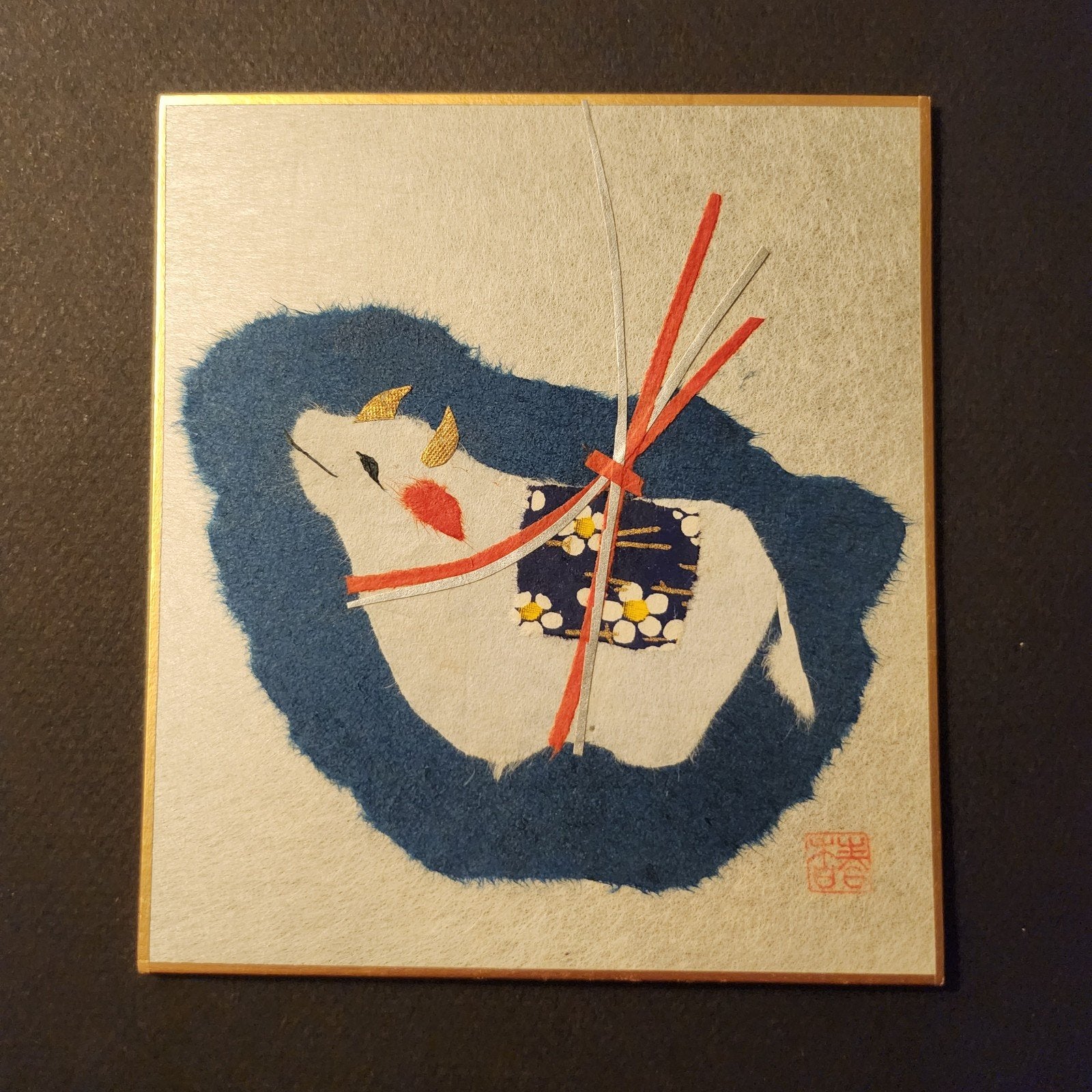 Japans schilderij van een os, handgemaakt, Wit, Schilderij, 13 cm, Verzenden