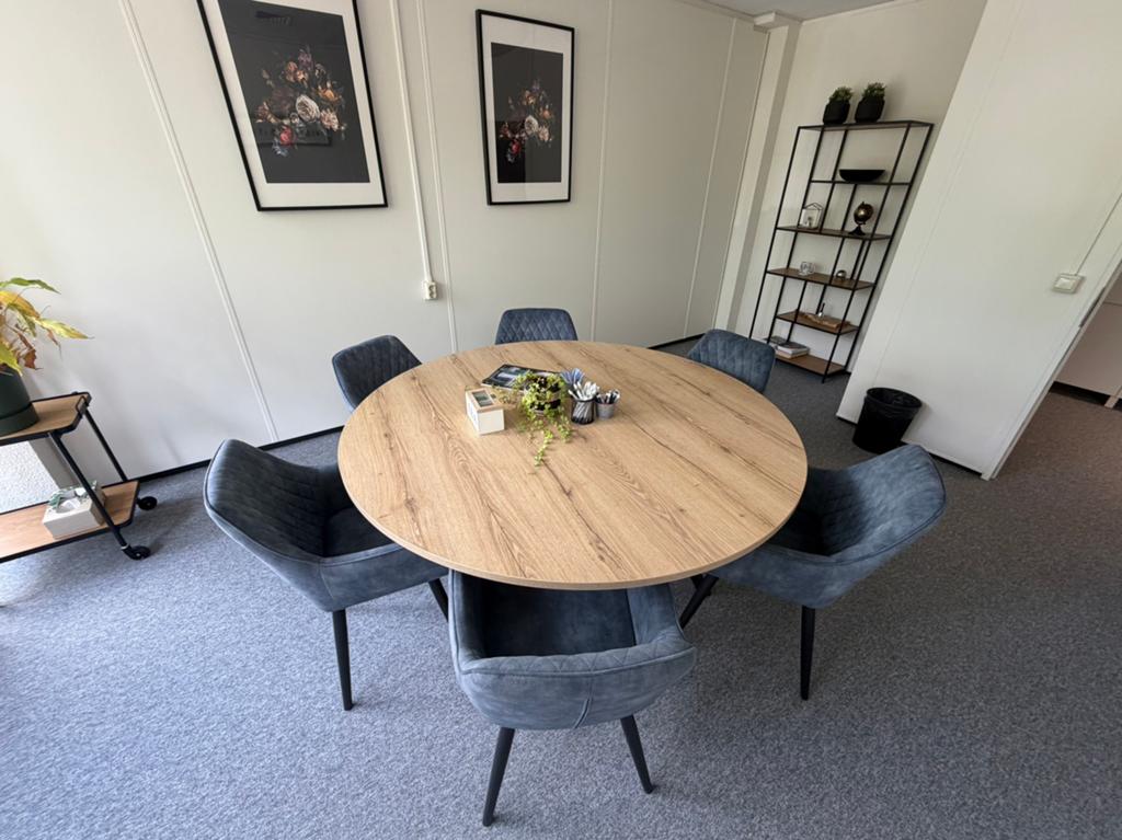 Ronde vergadertafel eiken naturel met 6 blauwe stoelen, Ophalen, Rond, Zo goed als nieuw, Vijf personen of meer
