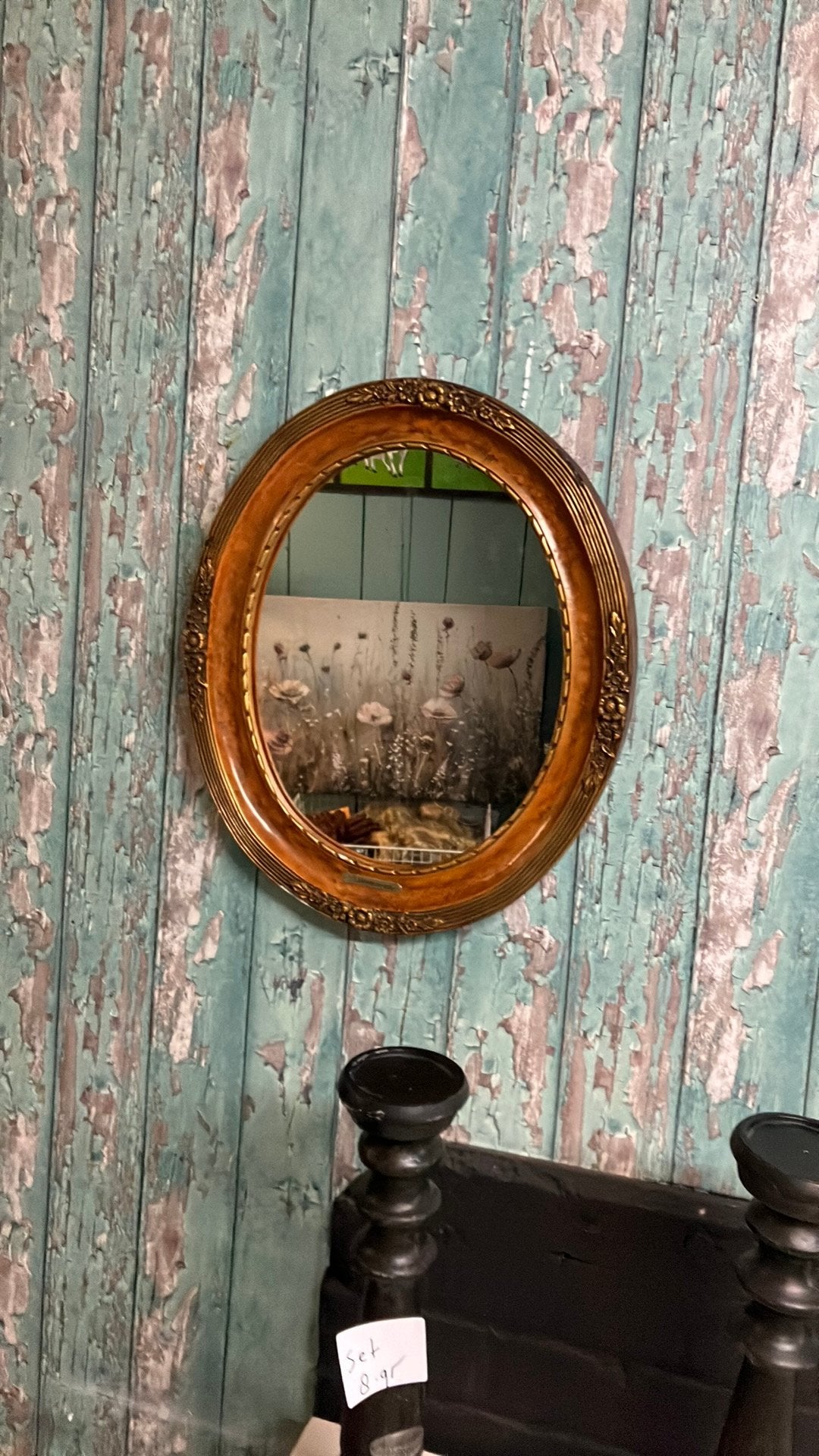 Zware 50 cm oude houten antieke spiegel met bloemen in rand, Ophalen, Ovaal, Minder dan 50 cm, Minder dan 100 cm