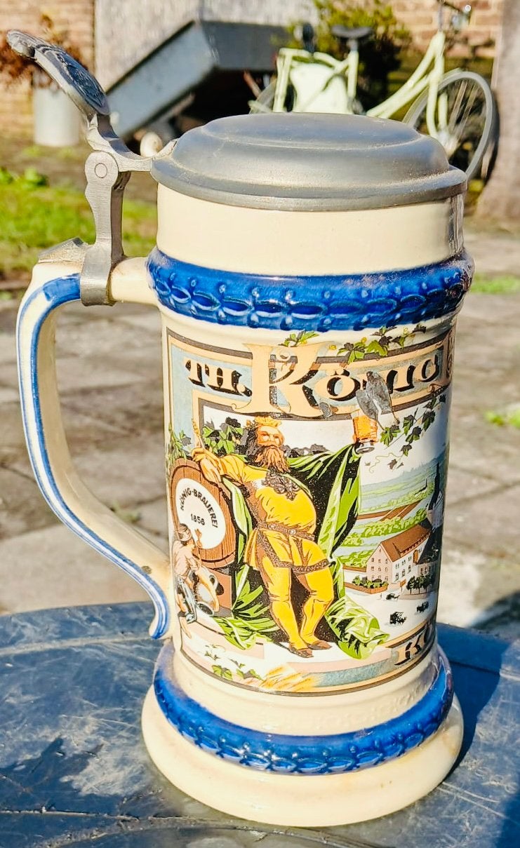 Vintage Duitse bierpul met tinnen deksel, Ophalen of Verzenden