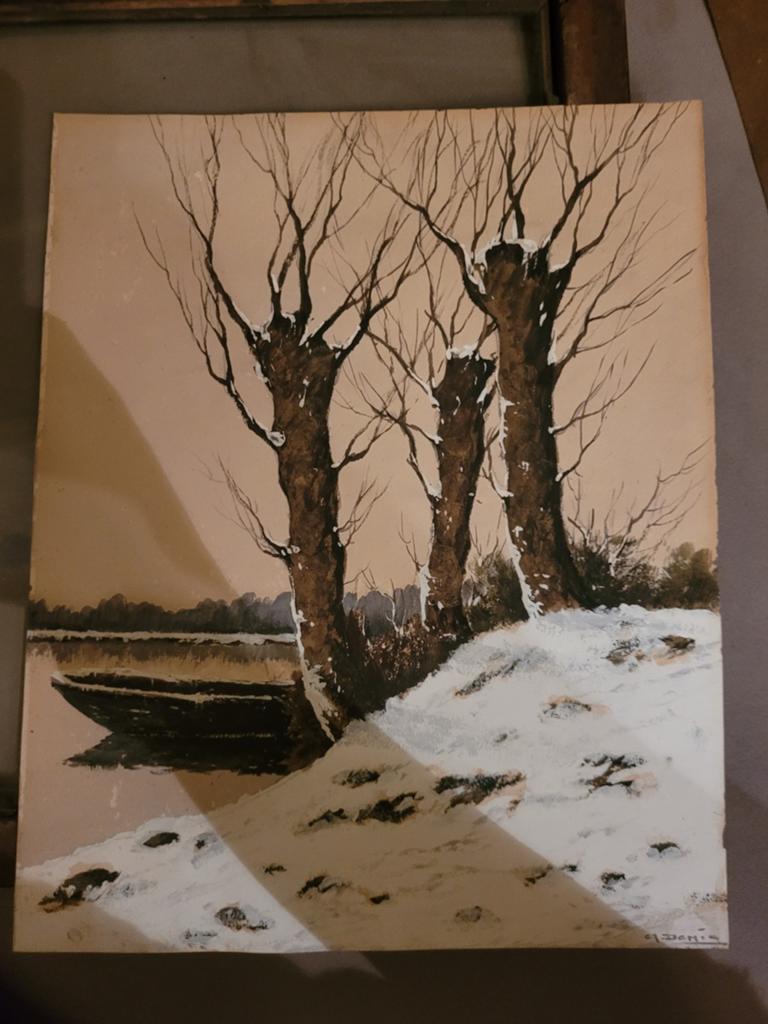 Winterlandschap achter glas gesigneerd CJ. Denis, Ophalen of Verzenden