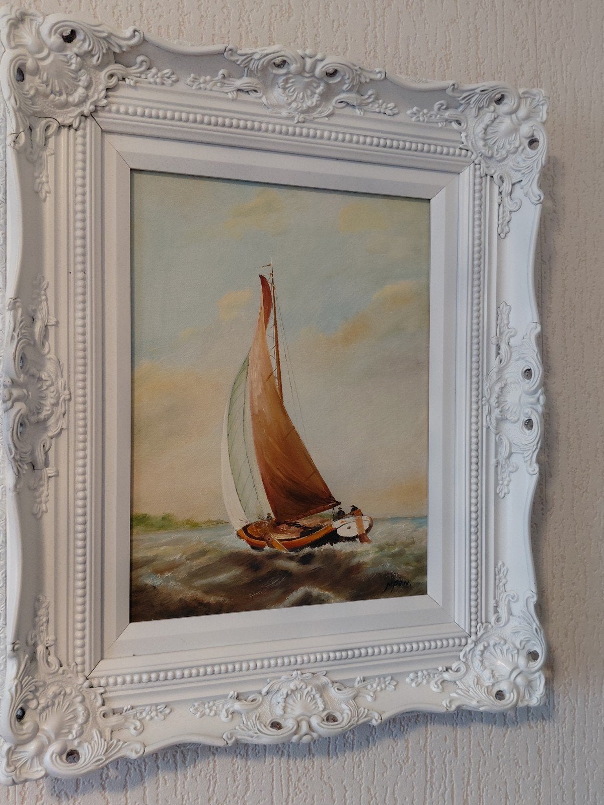 Maritiem schilderij: Zeilboot op woelige zee (49x59cm), Maritiem / water, Doek, Origineel werk, Ophalen of Verzenden