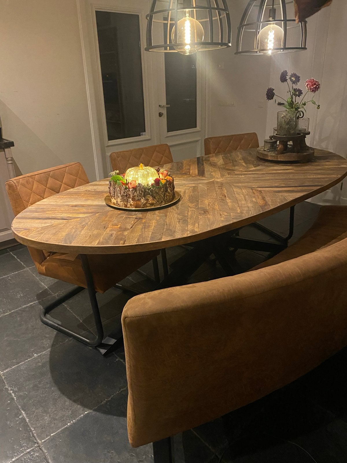 Stijlvolle ovale eettafelbank en stoelen, Huis en Inrichting, Ophalen, Gebruikt, Overige kleuren, Vijf, Zes of meer stoelen