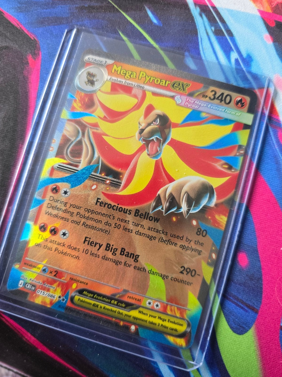 Mega Pyroar EX Pokémon Kaart - Zeldzaam en in Topstaat, Ophalen of Verzenden, Zo goed als nieuw, Losse kaart, Foil