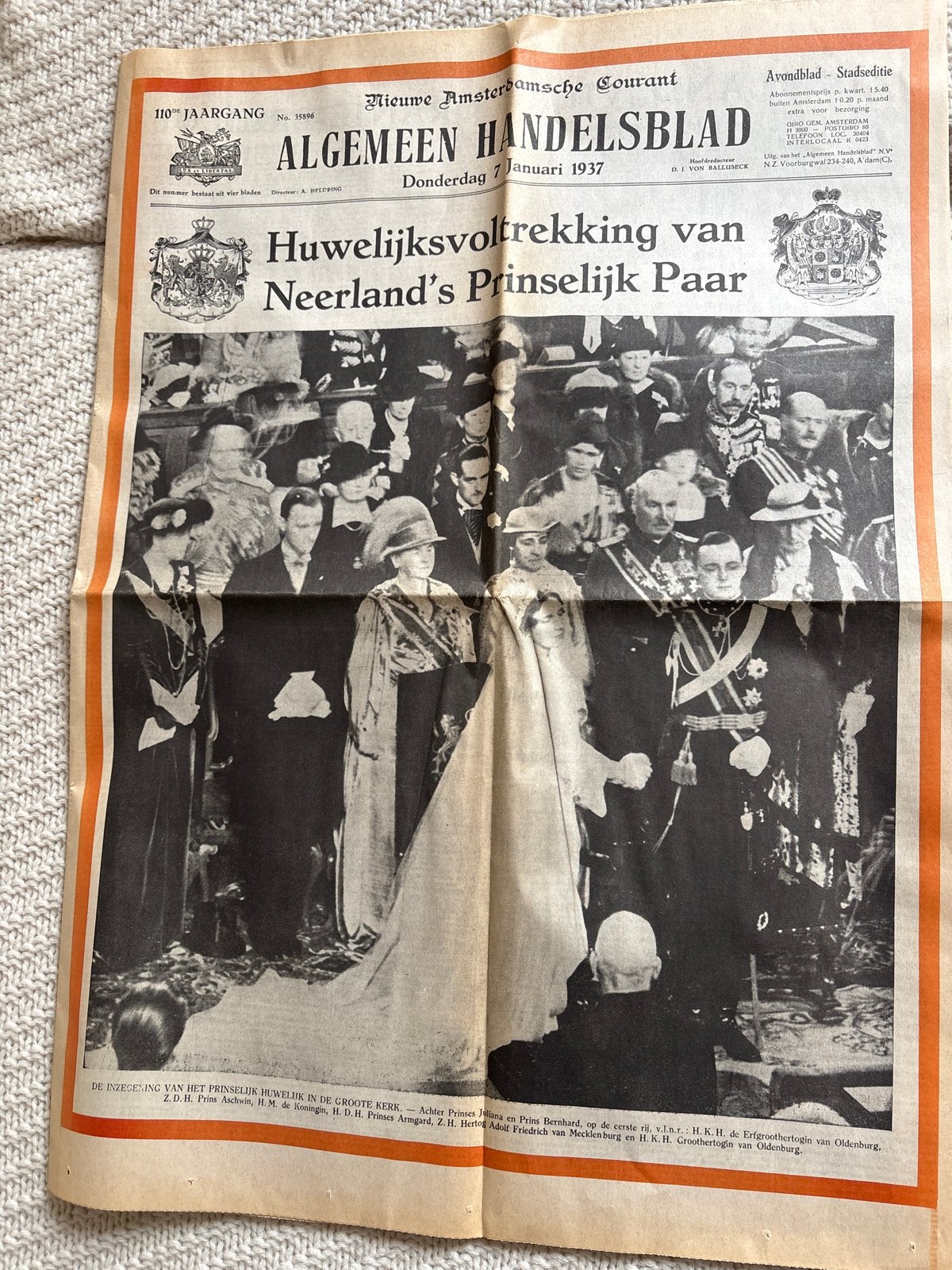 Historische Krant: Huwelijk Juliana & Bernhard (1937), Boeken, Ophalen of Verzenden, Gelezen, Krant