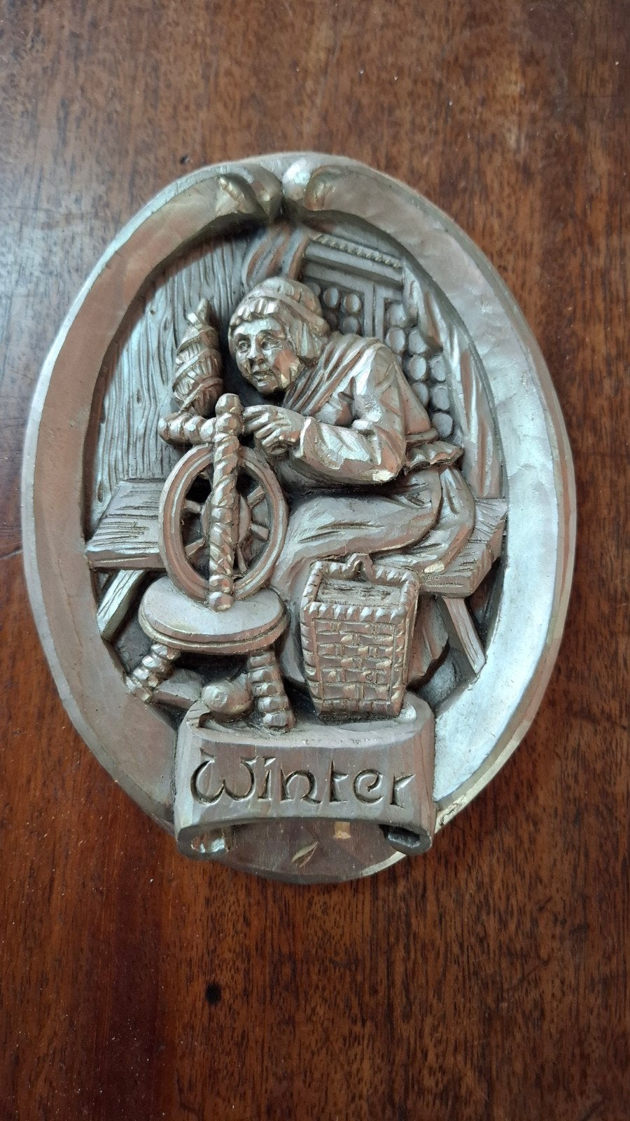 Vintage "Winter" wanddecoratie, tin op hout, Ophalen