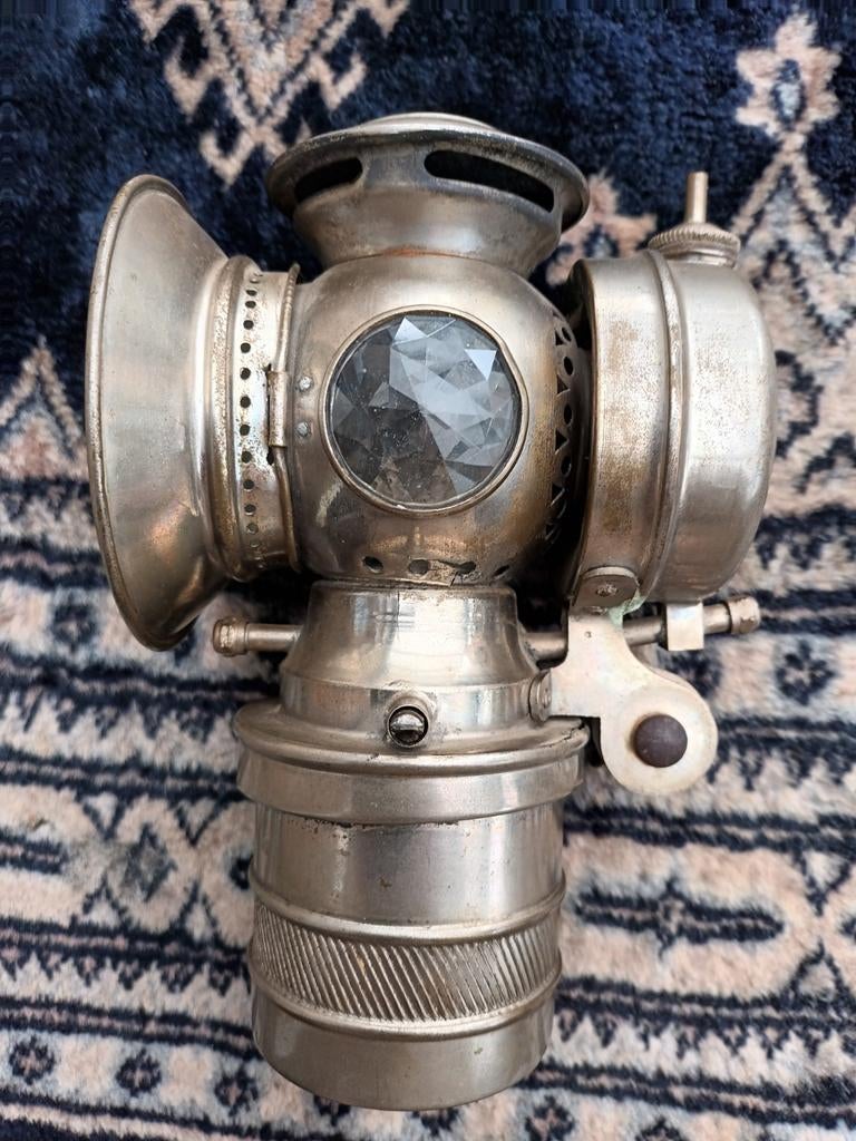 Antieke nikkelen fietslamp, rond 1900, carbid gestookt, Ophalen of Verzenden