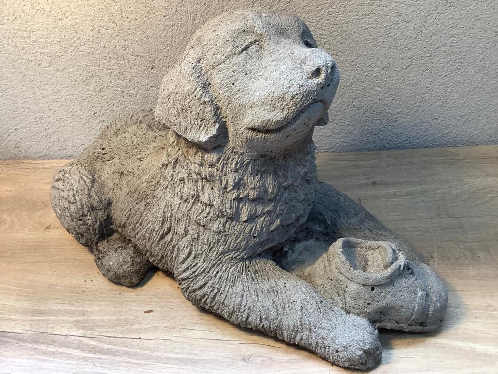 Betonnen tuinbeeld hond met schoen, Ophalen, Gebruikt, Dierenbeeld
