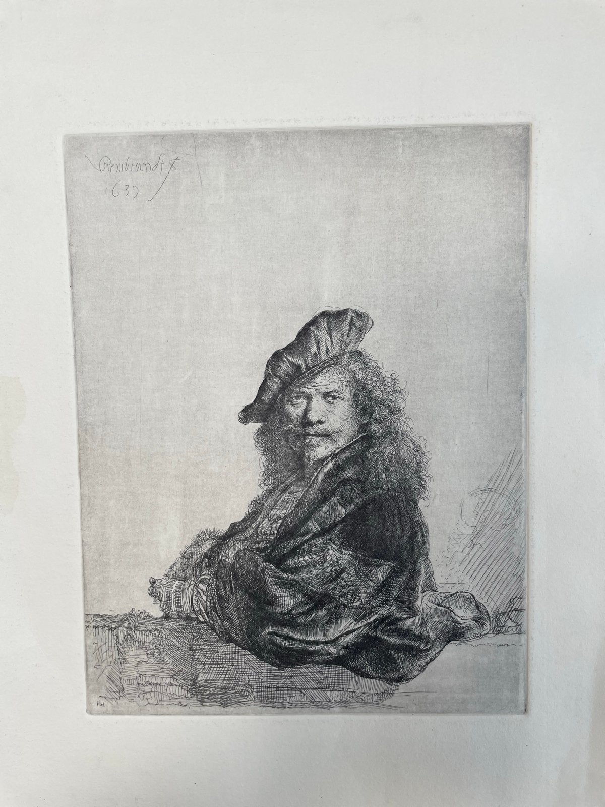 Replica ets van Rembrandt, zelfportret uit 1639, Antiek en Kunst, Ophalen of Verzenden, Portret, Ets, 1950 - 1999