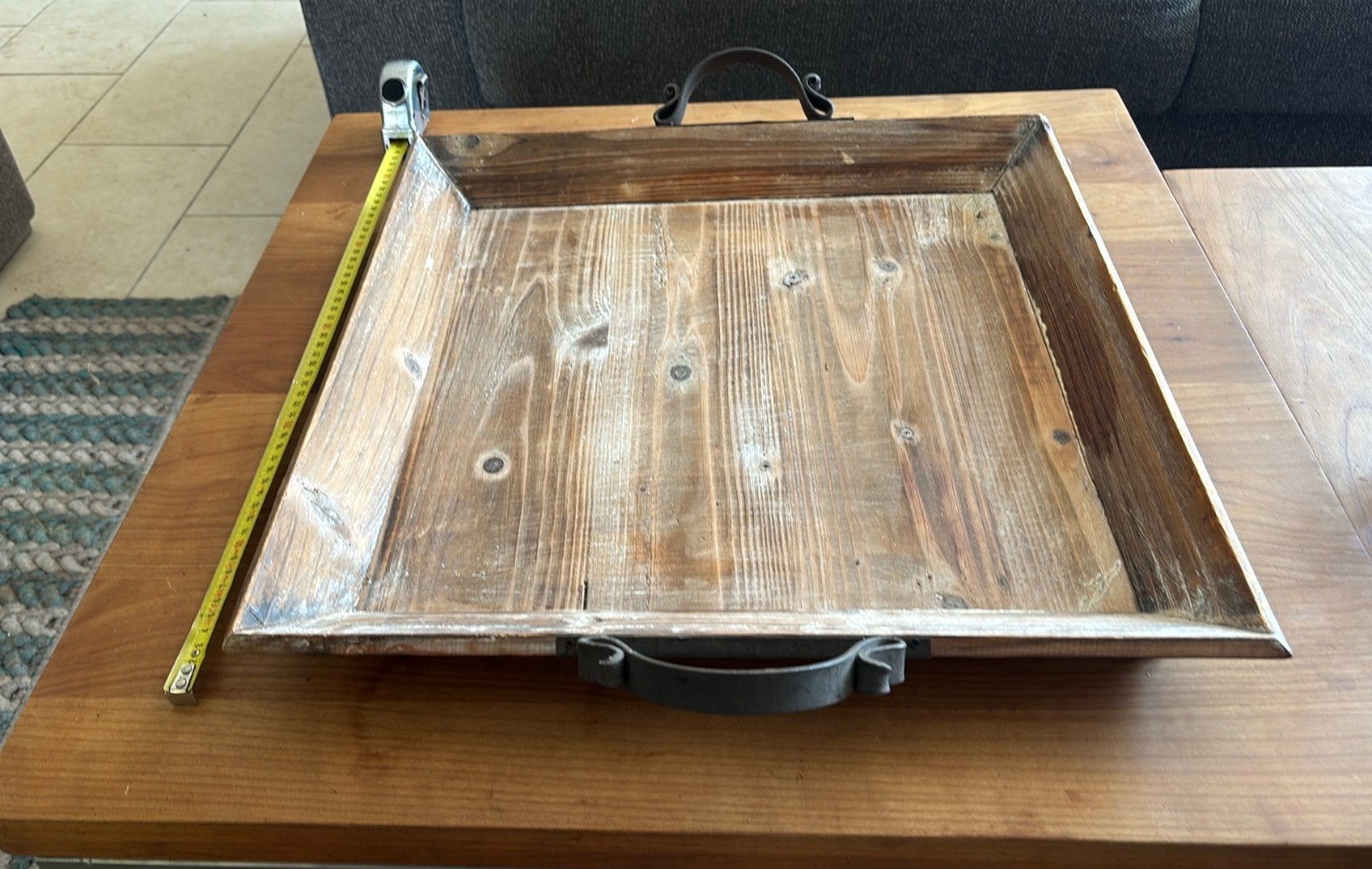 Dienblad hout lichtgewicht gesmeden handgrepen, Ophalen, Zo goed als nieuw, Vierkant, Hout