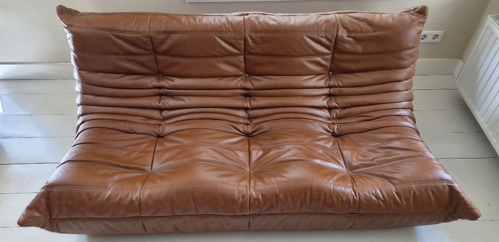 Ligne Roset Togo 3 zitsbank, cognac leder, Ophalen, Togo stijl, 100 tot 125 cm, 150 tot 200 cm