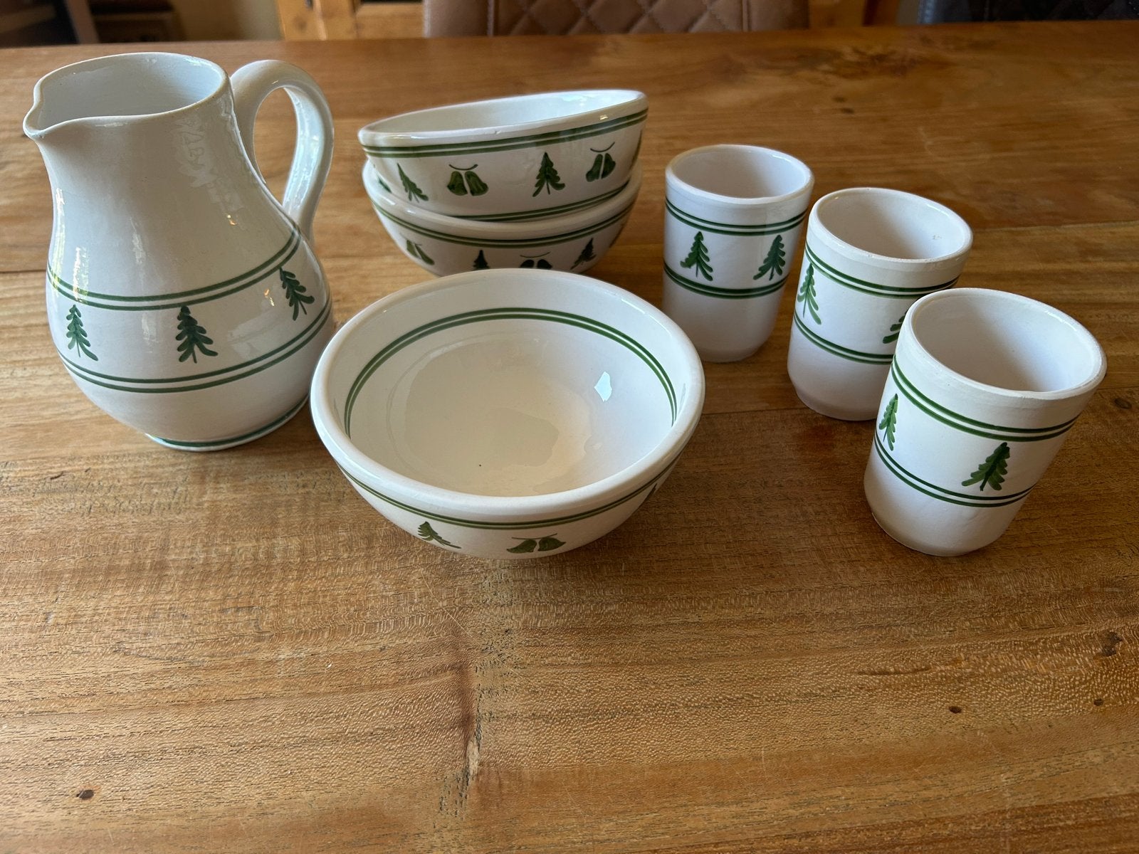 Leuk gezellig kerstservies: bekers, karaf, schaaltjes, Ophalen, Glas of Glazen, Keramiek, Zo goed als nieuw