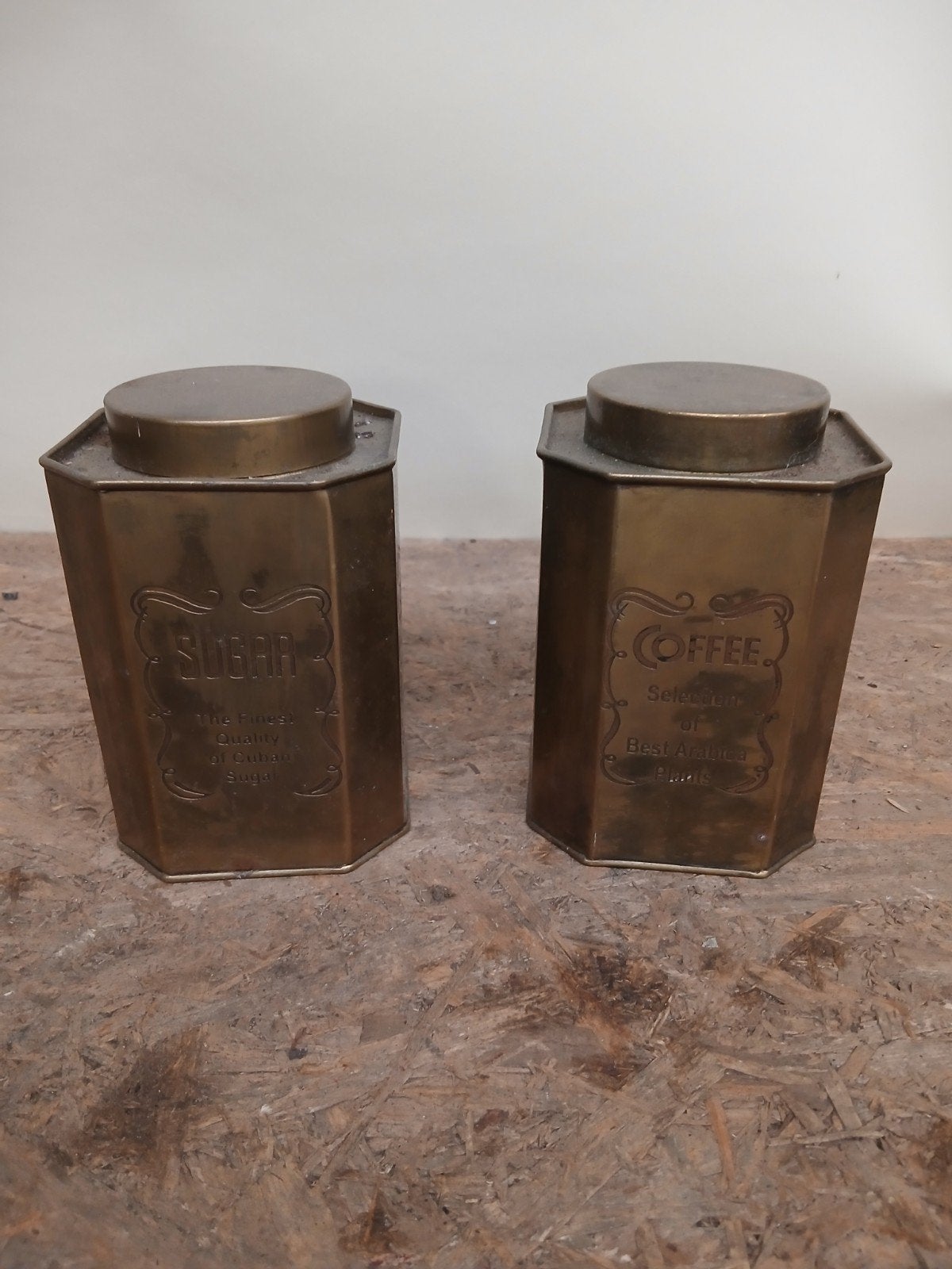 Vintage messing koffie- en suikerbussen, 16 cm hoog, Ophalen of Verzenden