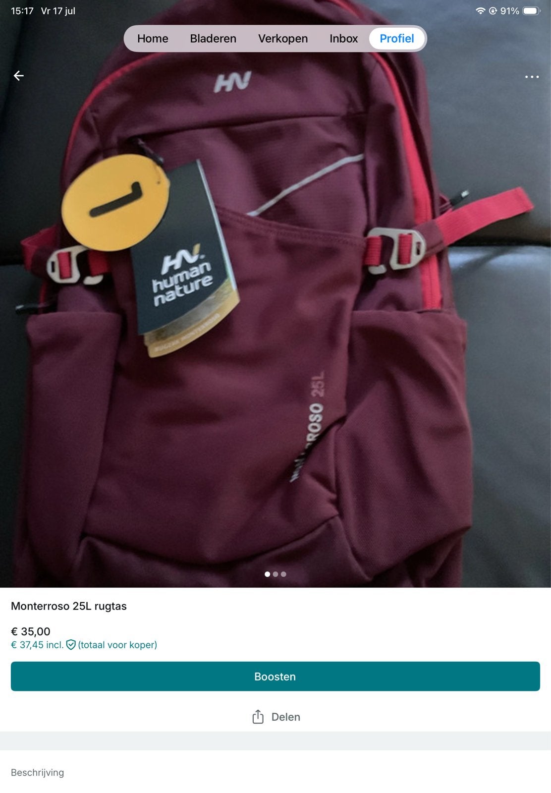 Nieuwe Human Nature Monterroso 25L Rugtas - Bordeauxrood, 25 tot 40 cm, Nieuw, Ophalen of Verzenden, Overige merken