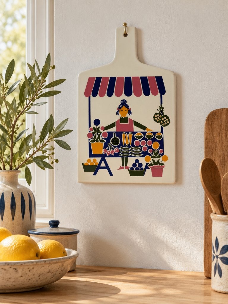 Vintage keramieken wandbord – kleurrijke markt – jaren 60/70, 30 cm, 20 cm, Meerkleurig, Steen/keramiek