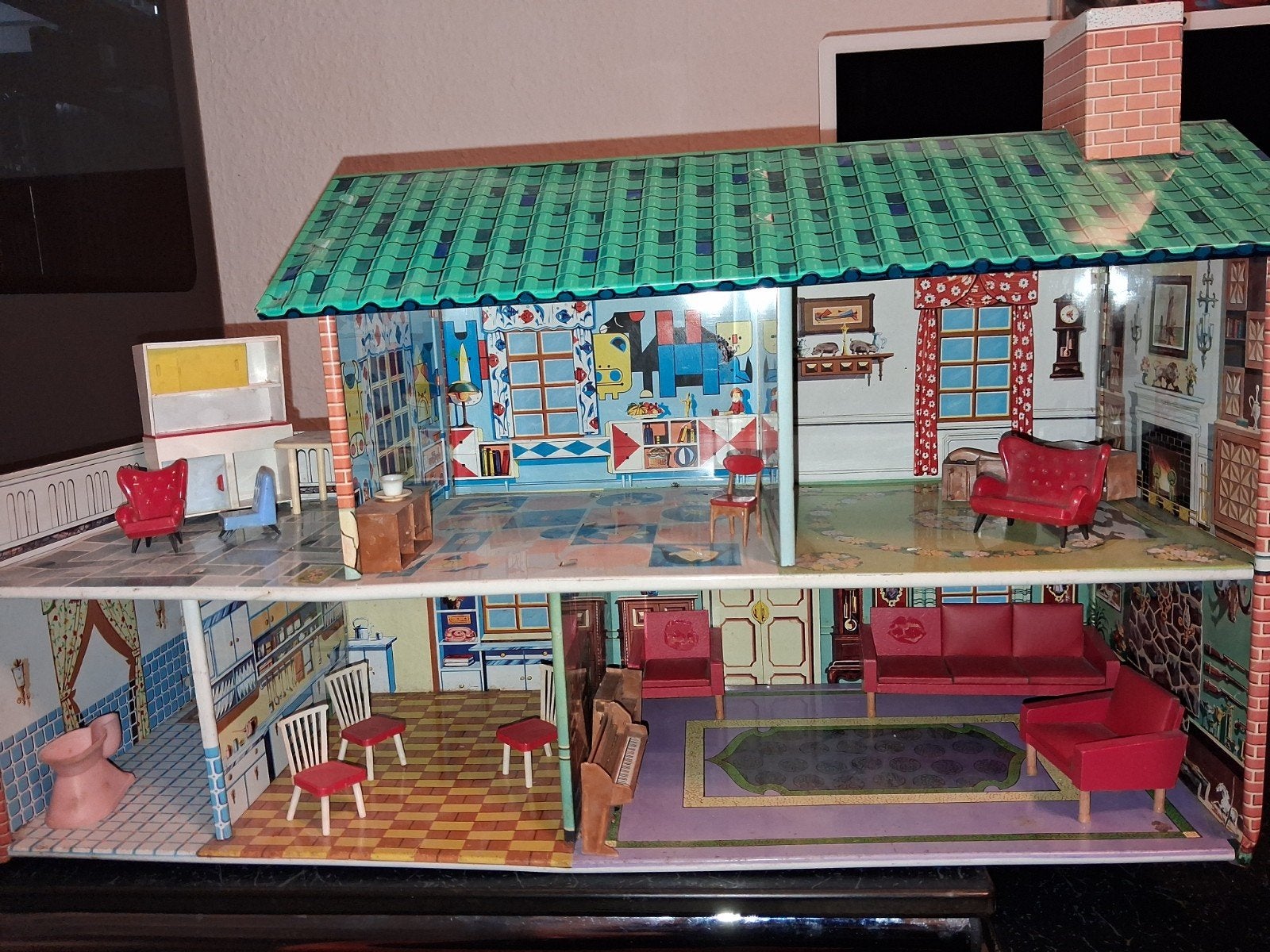 Vintage blikken poppenhuis met meubels, Verzenden, Gebruikt, Poppenhuis