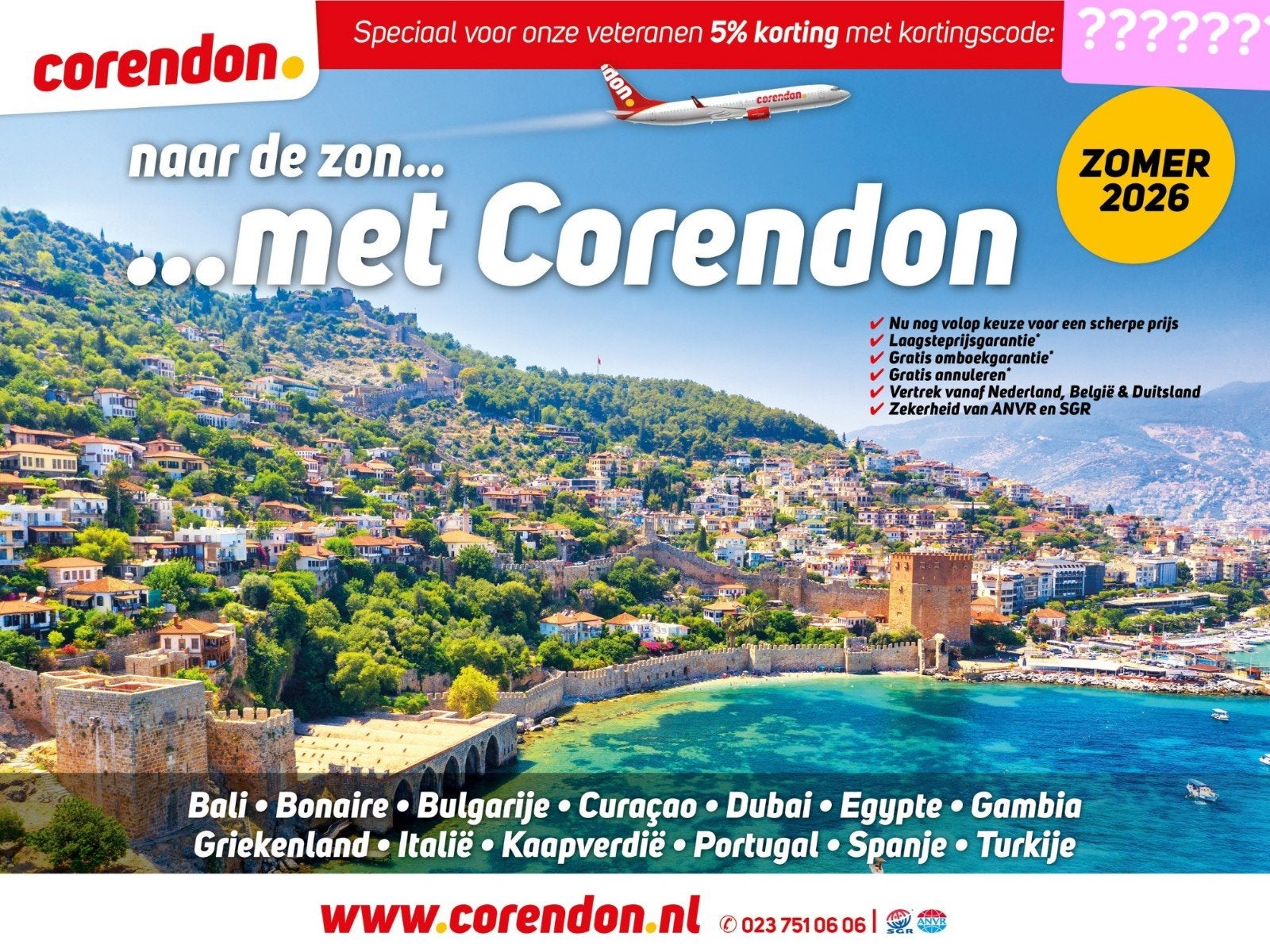 5% code Corendon werkt 100%! Ook icm vroegboek/lastminute, Eén persoon, Kortingsbon
