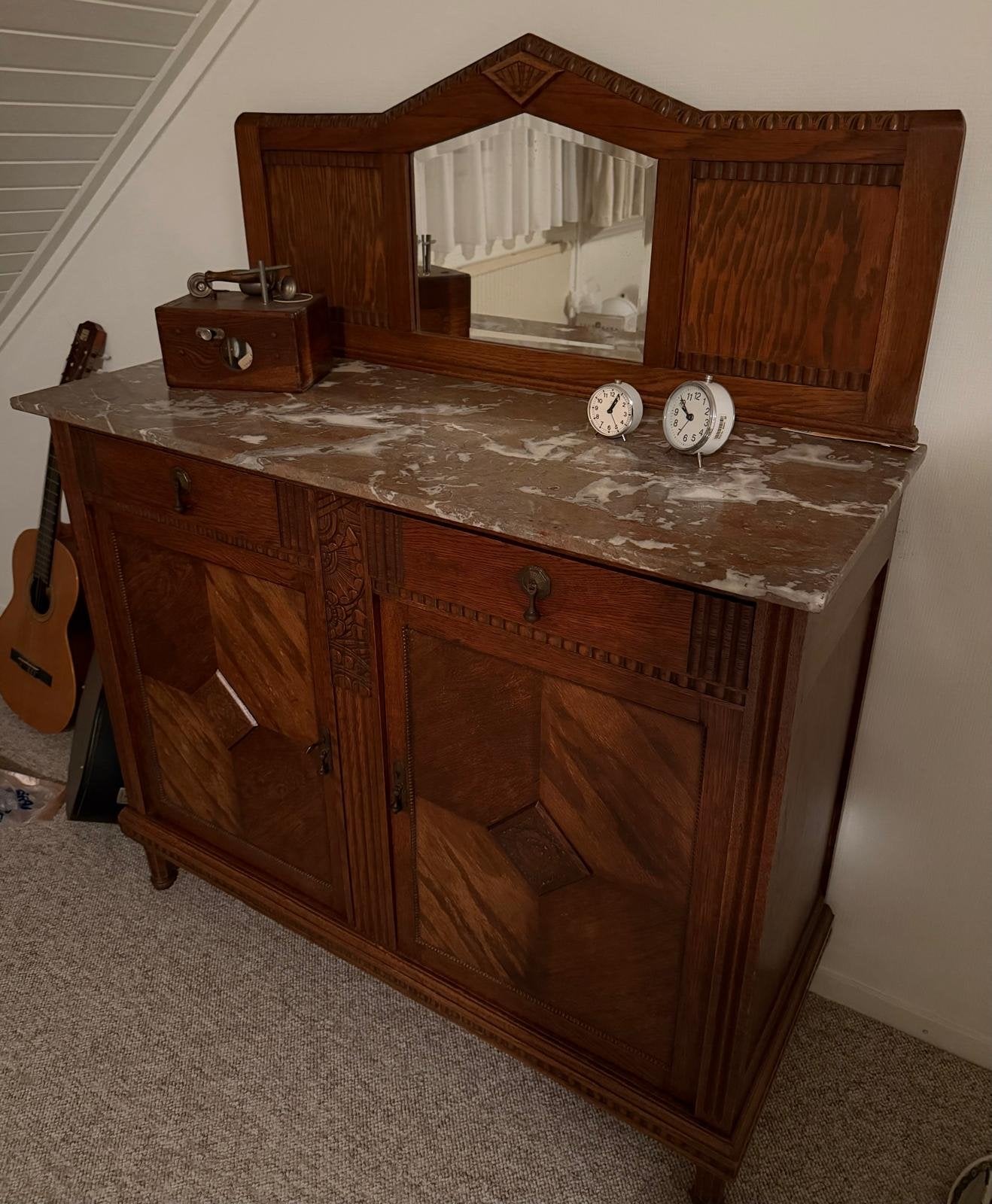 Antiek dressoir met marmeren blad en spiegel, Antiek en Kunst, Ophalen