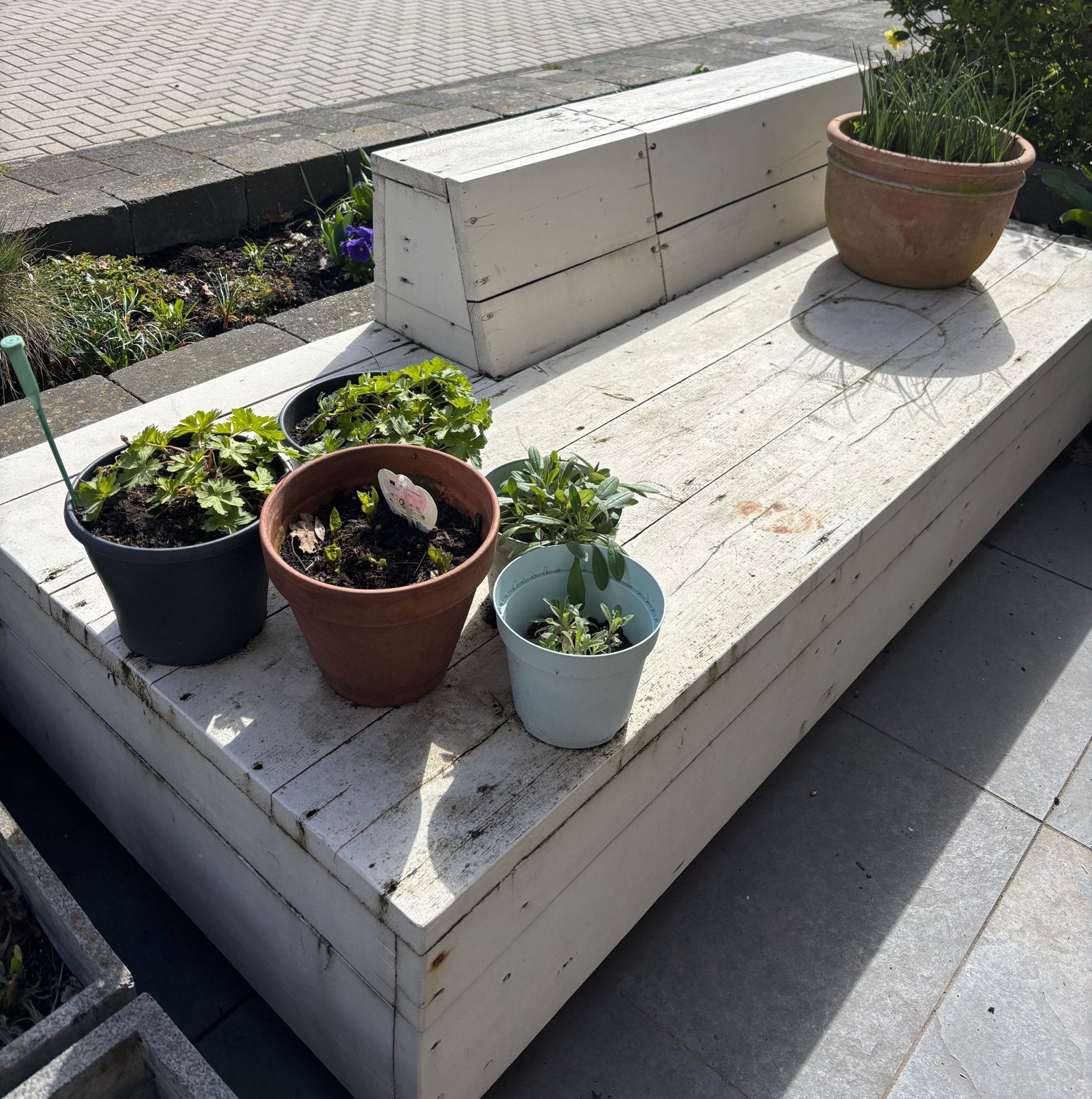 Stevige houten bank met wielen voor buiten, Tuin en Terras, Tuinbanken, Ophalen, Gebruikt, Hout