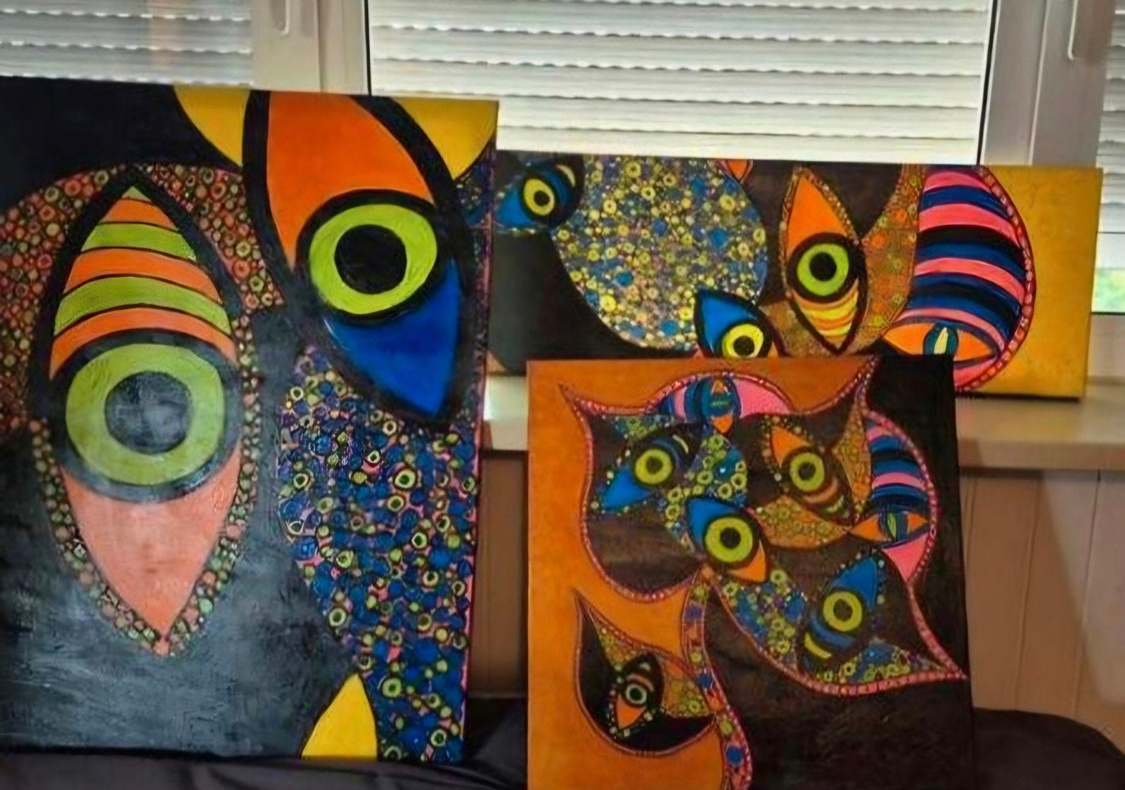 Set van 3 Abstracte Schilderijen met Levendige Kleuren, Antiek en Kunst, Kunst | Schilderijen | Modern, Ophalen, Ophangklaar, Acrylverf