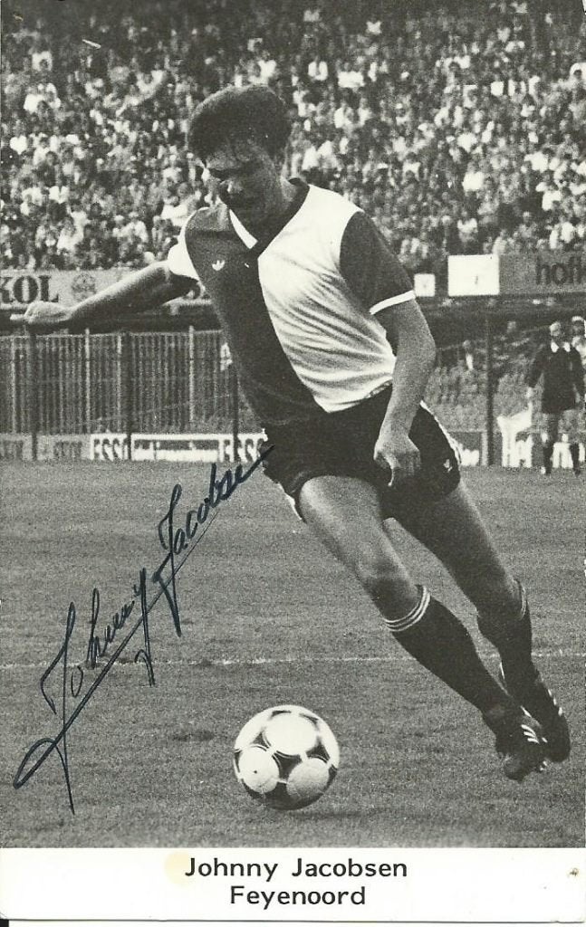 1980-1981 fotokaart Piet Bouts Johnny Jacobsen Feyenoord -1, Verzenden, Zo goed als nieuw, Feyenoord, Spelerskaart