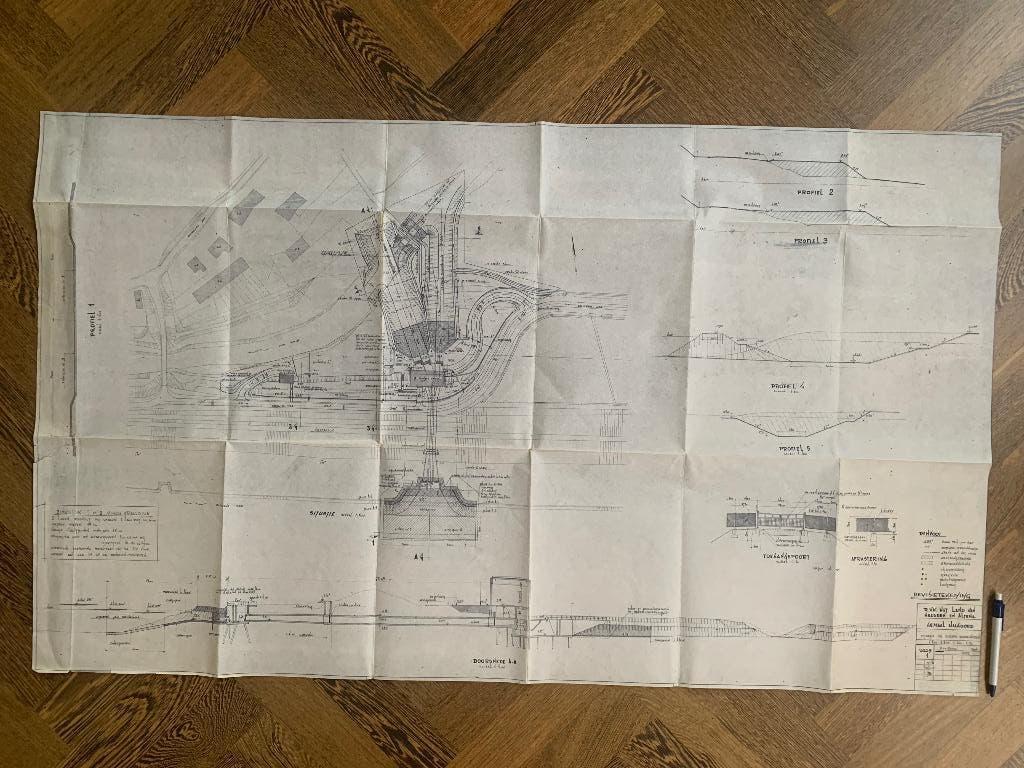 Technische bouwtekening peiler Heusdense Brug 1961 72x122cm, Boeken, Overige typen, Ophalen of Verzenden, Zo goed als nieuw, 1800 tot 2000
