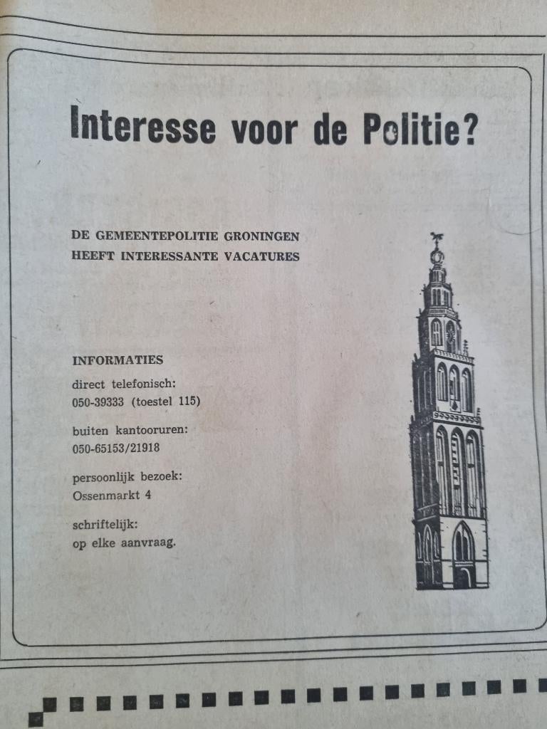 Advertentie Politie Gemeente Groningen (1970), Verzamelen, Ophalen of Verzenden, 1960 tot 1980, Knipsel(s)