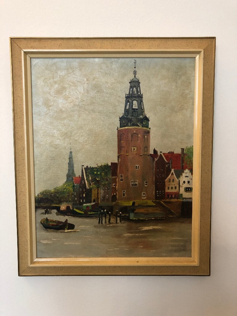 Schilderij Amsterdam Montelbaanstoren op doek in lijst, Ophalen of Verzenden