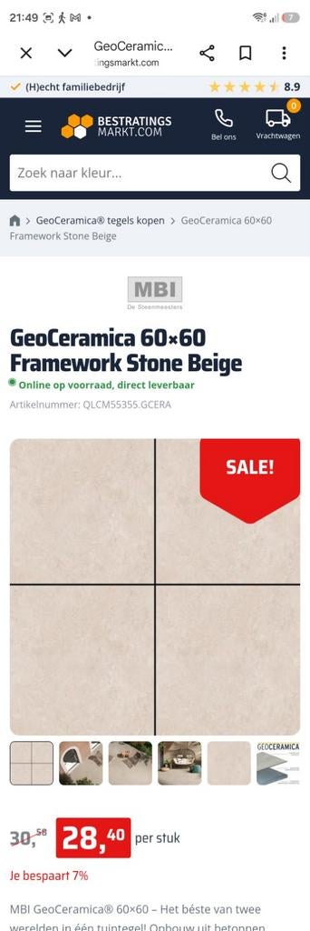 37.08 m2 MBI geoceramica framework stone Beige 60x60, Ophalen, Keramiek, Nieuw, 10 m² of meer