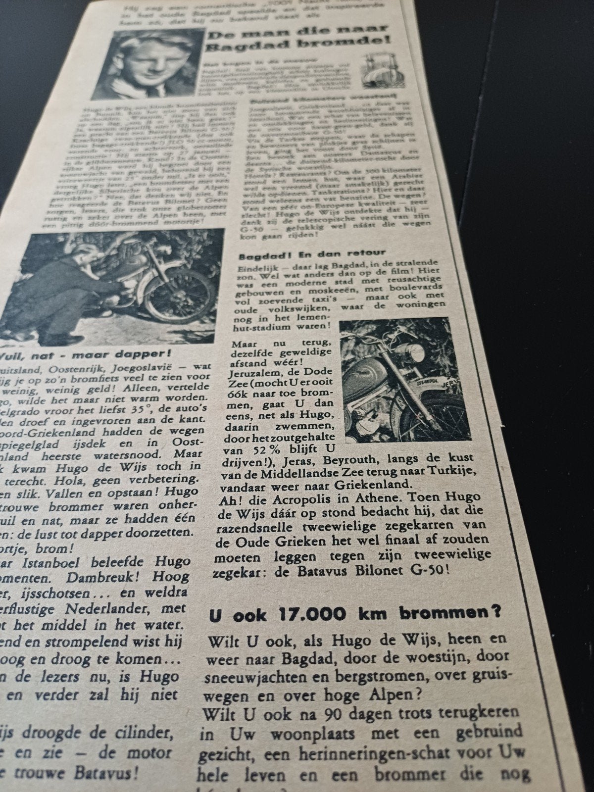 advertentie van Batavus bilonet Hugo de Wijs naar Bagdad, Ophalen of Verzenden, 1940 tot 1960, Knipsel(s)