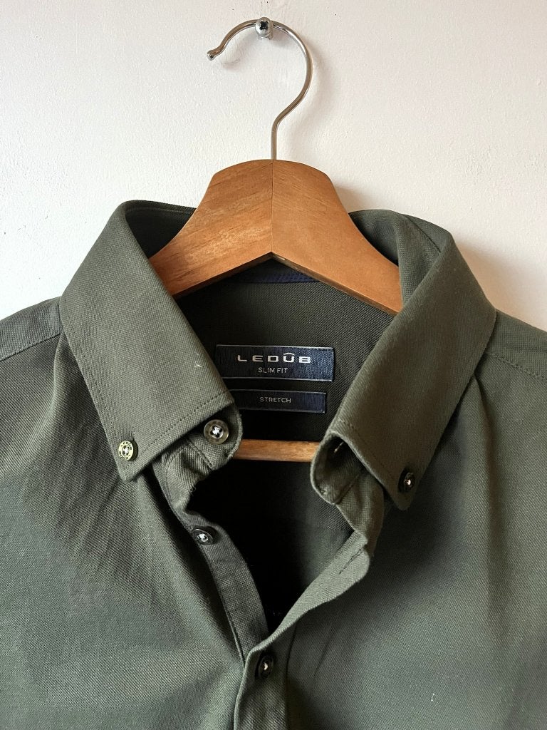Ledȗb donkergroen slimfit stretch weave T-shirt polo mt 38/S, Ledûb, Ophalen of Verzenden, Gedragen, Groen