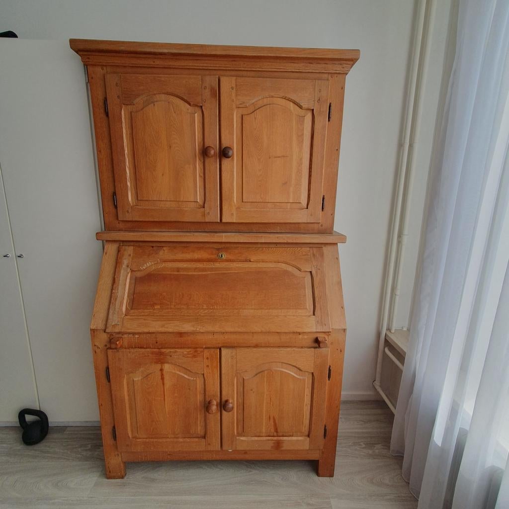 Gratis Eikenhouten secretaire met opbouw en klep, Huis en Inrichting, Kasten | Secretaires, Ophalen, Gebruikt, Klassiek